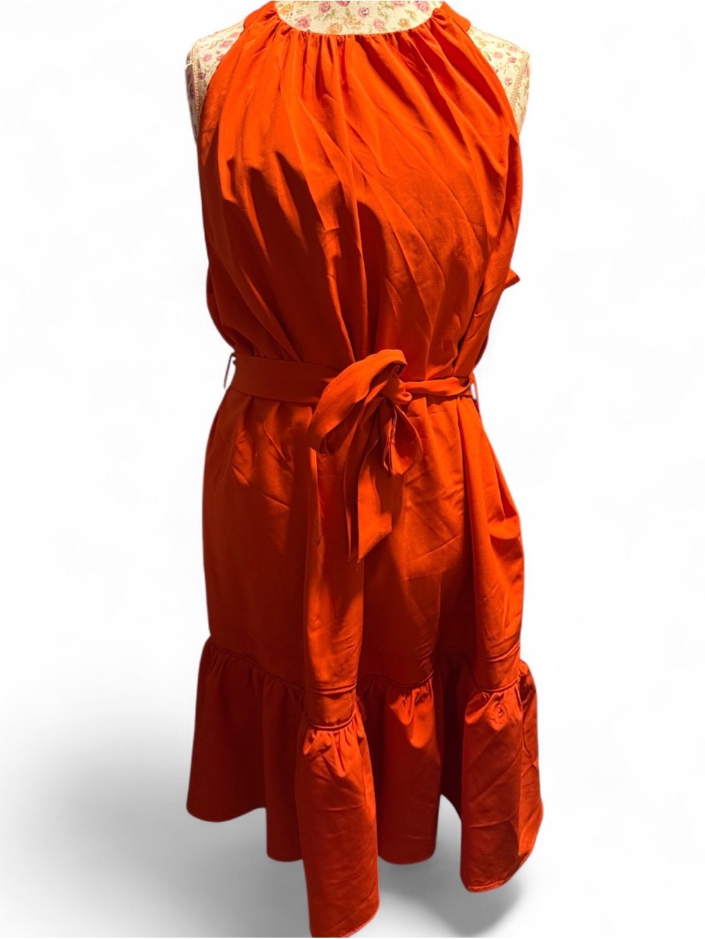Sleeveless Orange Halter Tie-Waist Dress